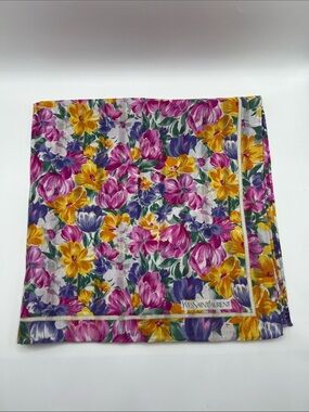 1449. Yves Saint Laurent Vintage Floral Silk & Cotton Scarf. 19 x 19.